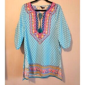 Teal Blue & White Size LRG  Floral Peasant Shirt Dress with barreled sleeves